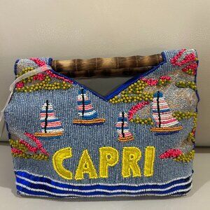 Handcrafted in India Beaded Sequin Capri Italy Boats Ocean Bag Bamboo Handle NWT